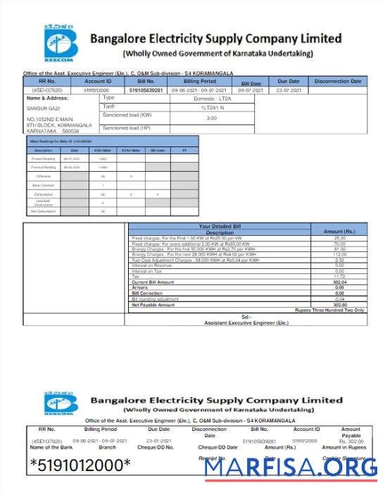Blank INDIA BESCOM utility bill Word and PDF template